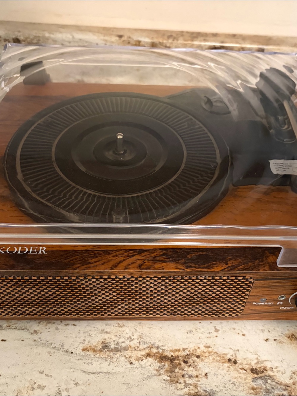 Wood-Tone Black Vinyl Turntable with Built-In Speaker